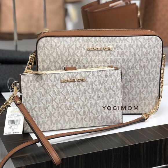 BUNDLE MICHAEL KORS Jet Set Large Vanilla MK Logo East West Xbody Phone Wallet - Picture 1 of 15